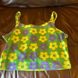 Green, yellow, and purple flower print crop top